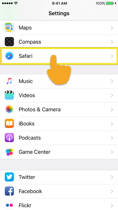 tap on safari in settings