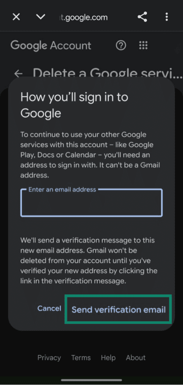 Send verification email option under How you'll sign in to Google.
