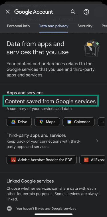 Content saved from Google services option under Data from apps and services that you use on iOS.