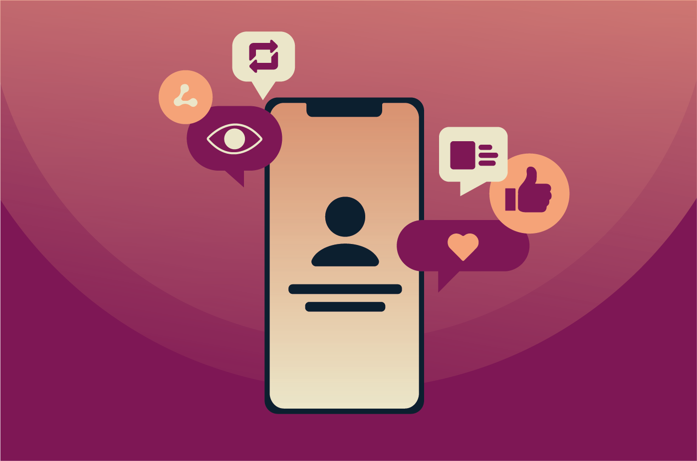 Phone with a profile and social media symbols.