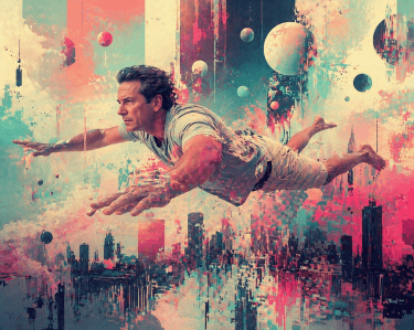 AI art image in the style of abstract and experimental showing a man flying over a city, with unique shapes and colors.