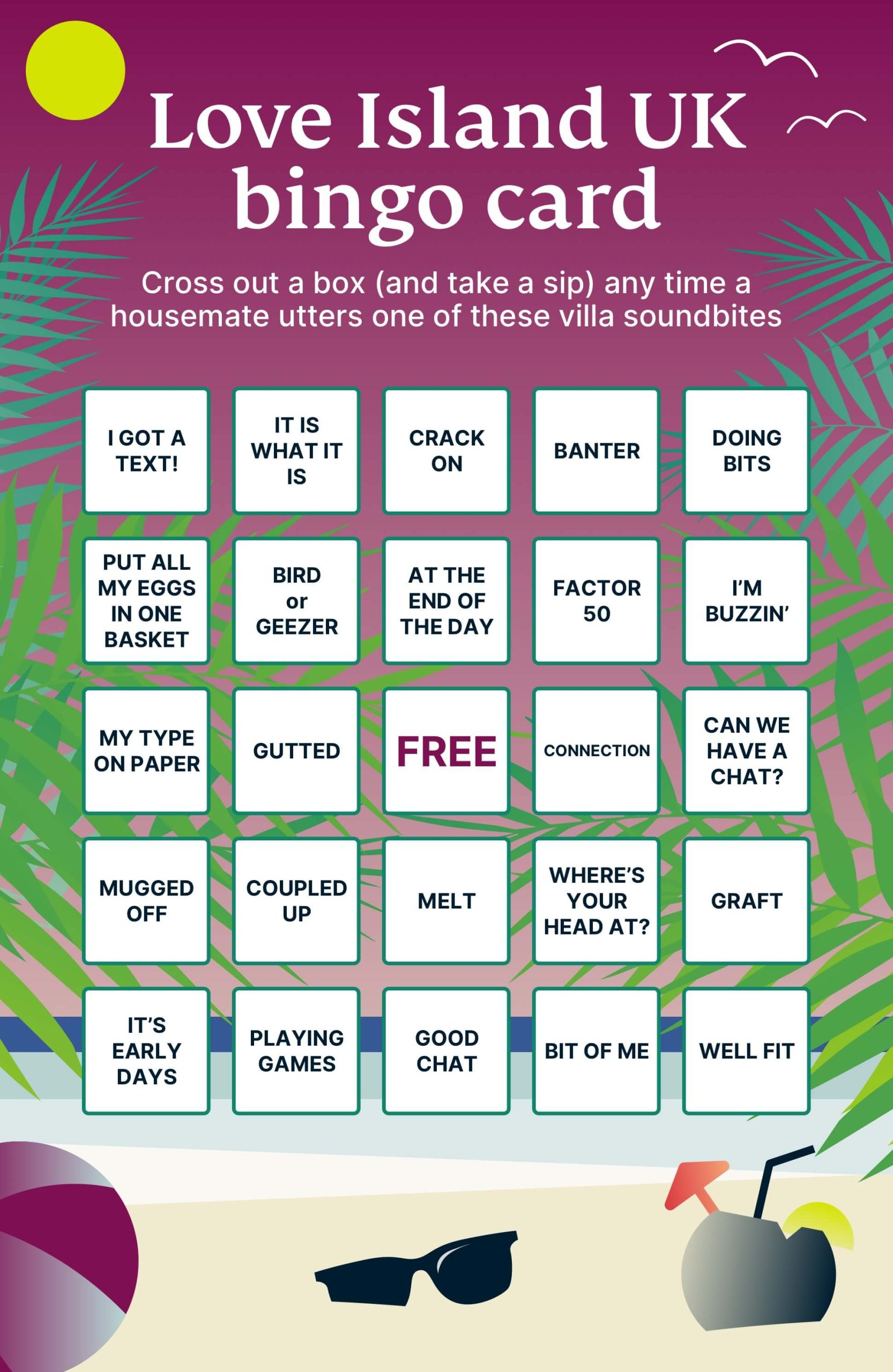 Tarjeta de bingo de Love Island.