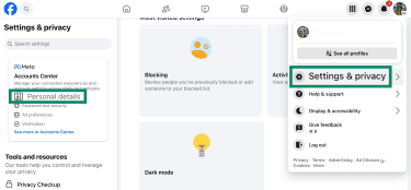 Facebook's personal details option in its settings menu.