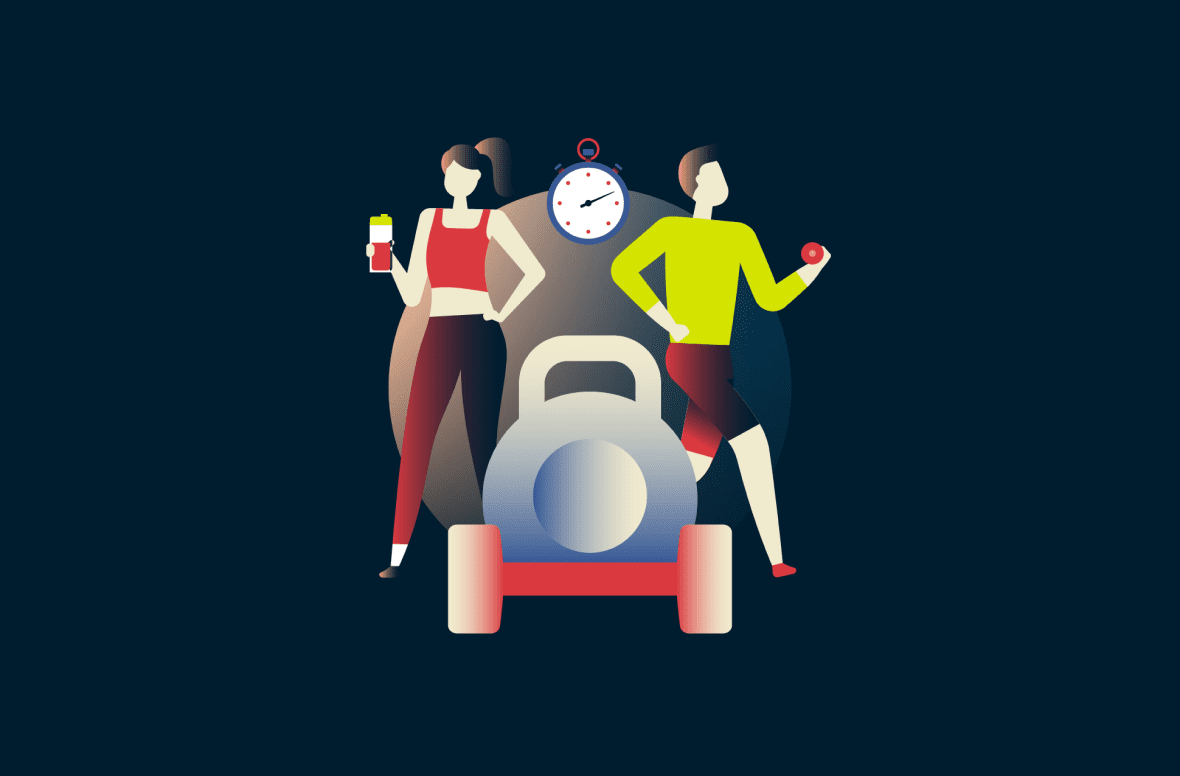 Zwei Menschen, die einem Fitness-Influencer folgen und zwischen 2 Hanteln stehen.