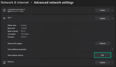 Accessing network adapter options on Windows 11.