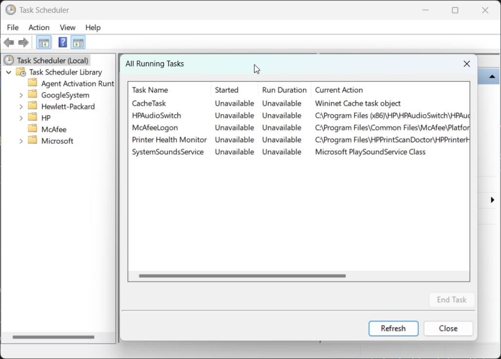Windows Task Scheduler displaying all running tasks.