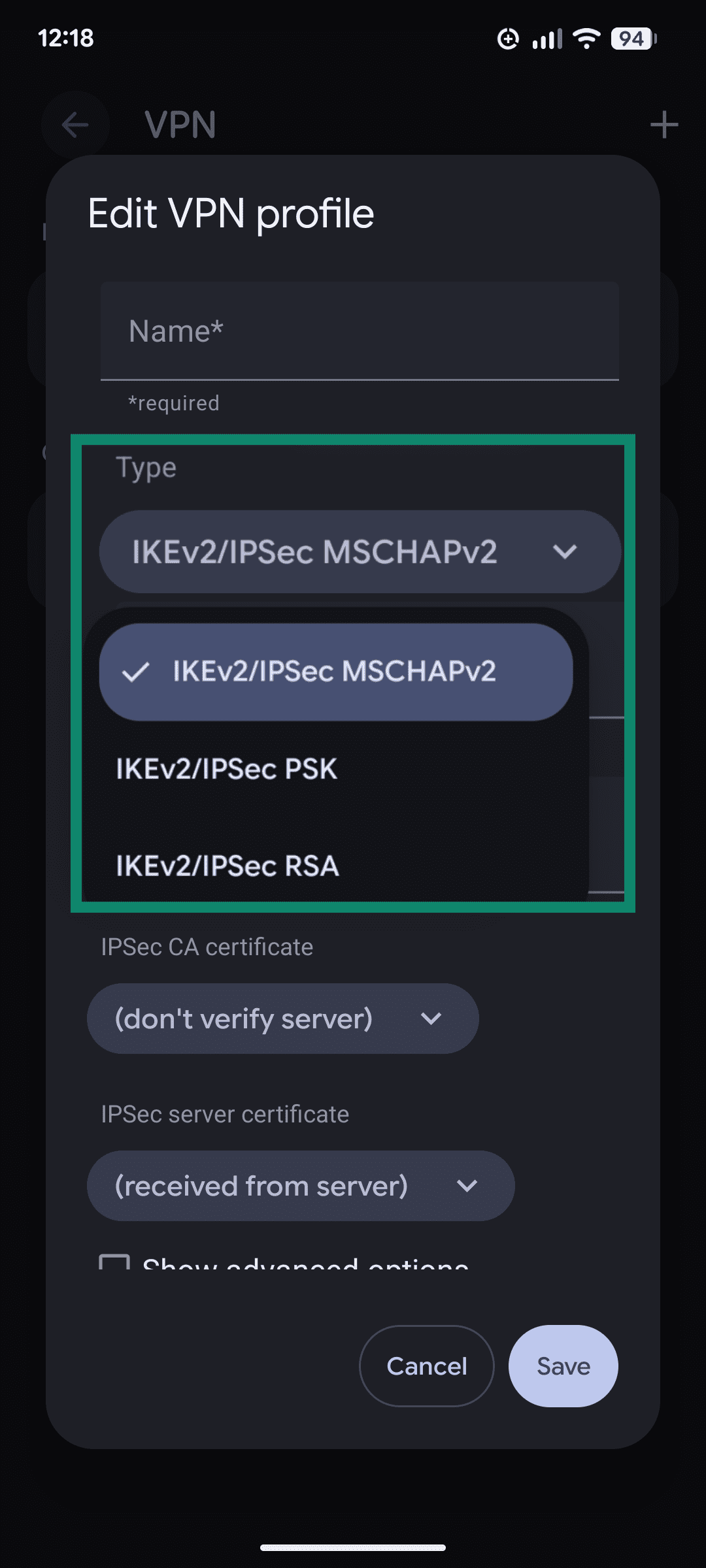 Android VPN profile options with the Type dropdown menu showing different versions of IKEv2