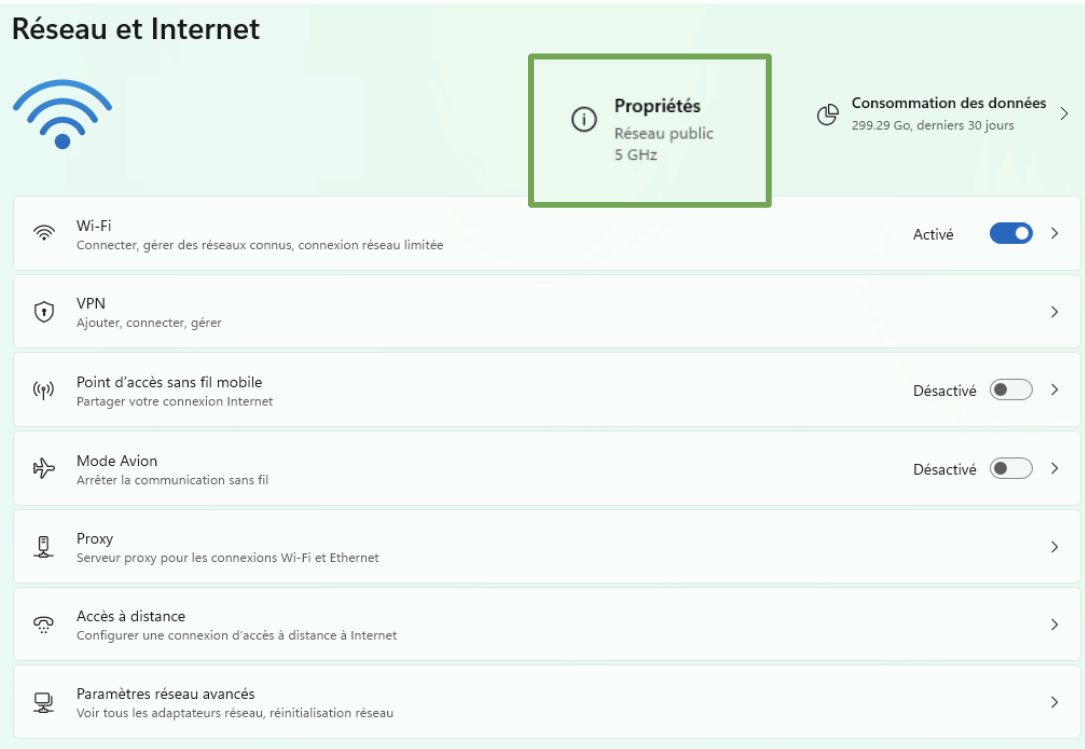 The Windows Network & internet settings menu, showing the Properties button.