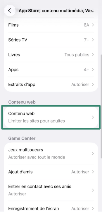 iPhone screen showing Web Content restriction setting.