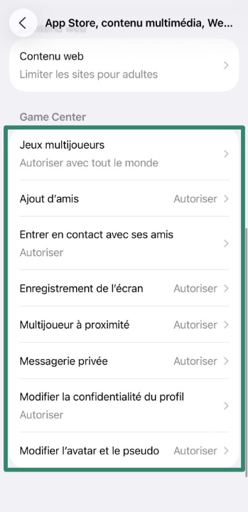 Game Center restrictions in Screen Time settings.