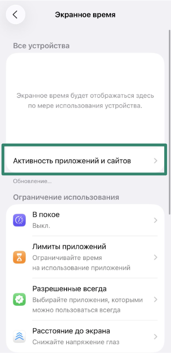 Screen Time menu with See All App & Website Activity option.