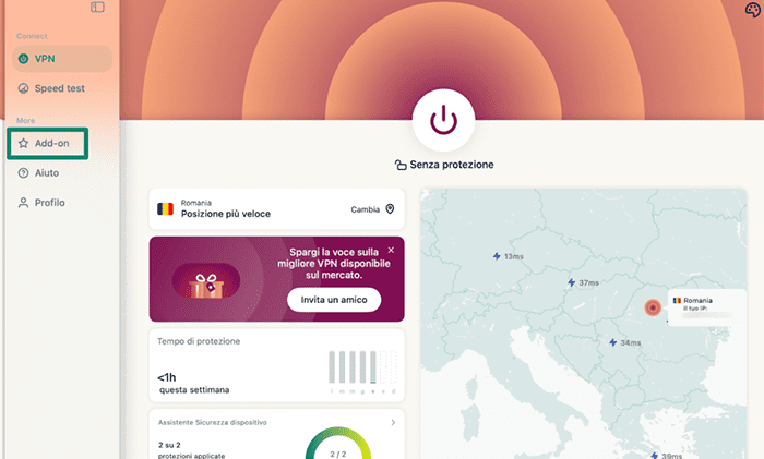 ExpressVPN macOS app with the "Add-ons" tab highlighted.