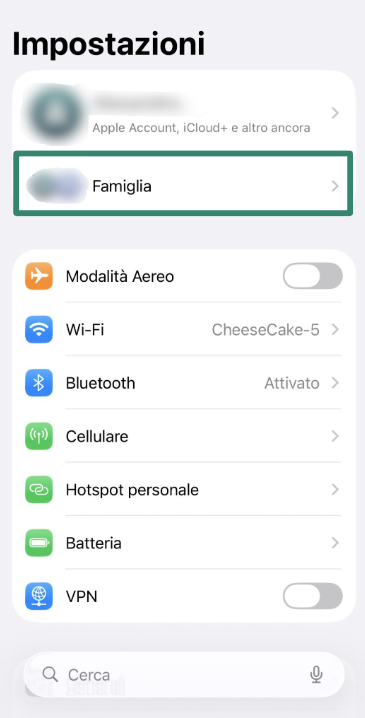 iPhone Settings screen with “Family” option highlighted under Apple ID.