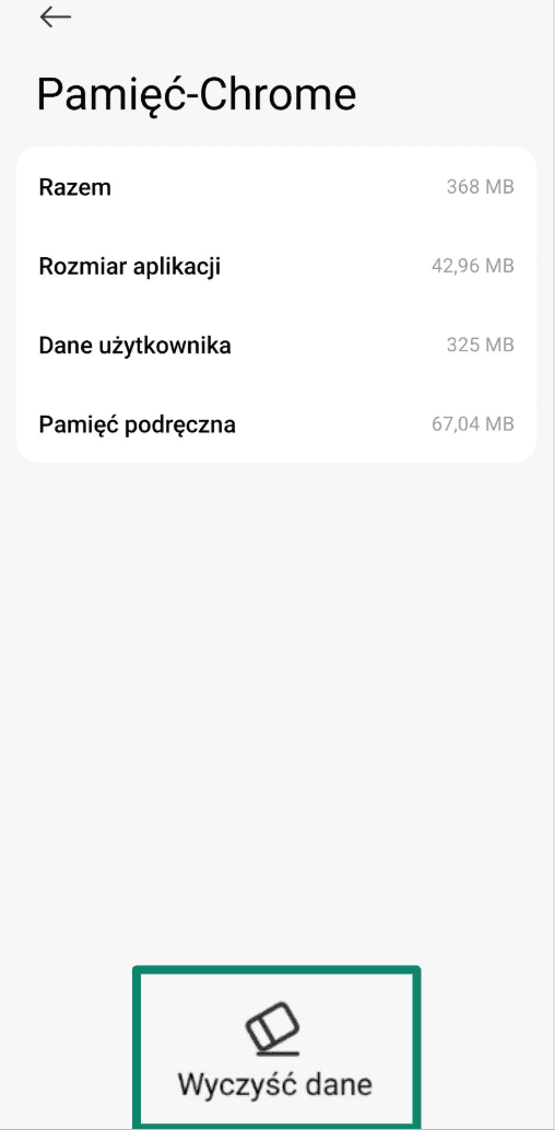 Chrome storage screen on Android with Clear data option highlighted.
