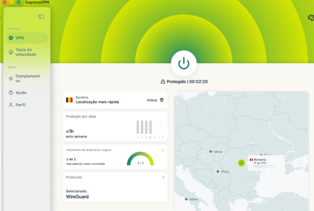 ExpressVPN's macOS app, showing the VPN connected