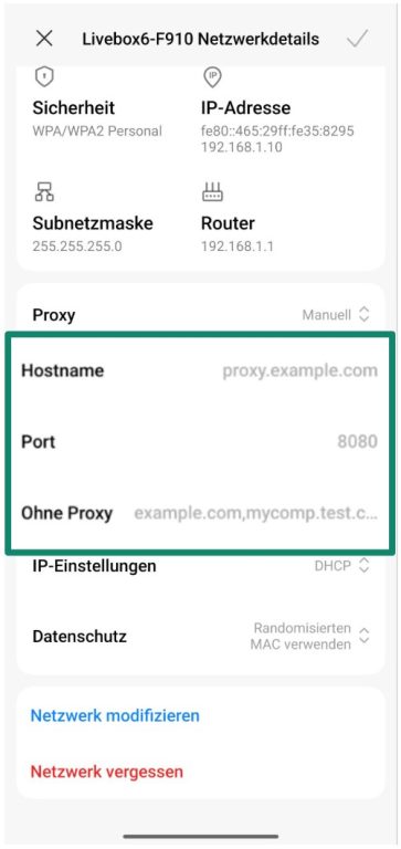 The Android proxy menu with an emphasis on the Manual option.