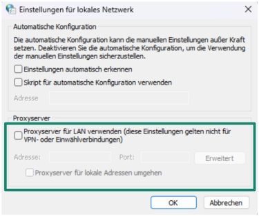 The Windows Internet Properties window is opened to LAN settings, with the proxy server field info highlighted.