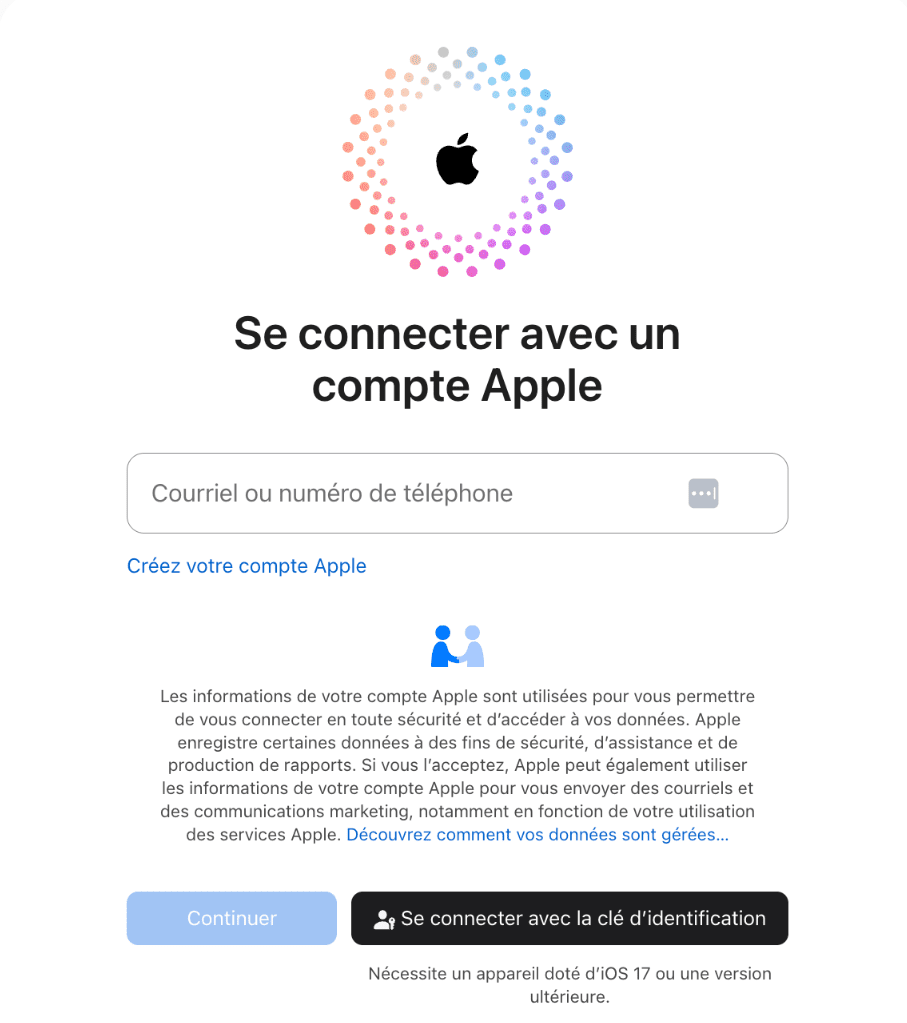 The Apple ID sign-in page, showing the input field for an Apple ID and login options.