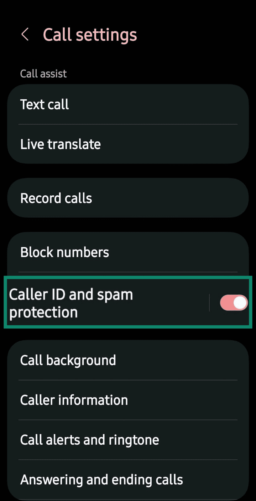 Android call settings with “Caller ID and spam protection” highlighted.