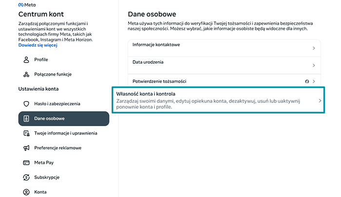 Facebook Accounts Centre Personal details tab with Account ownership and control highlighted.