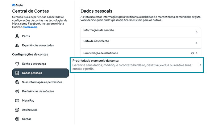Facebook Accounts Centre Personal details tab with Account ownership and control highlighted.