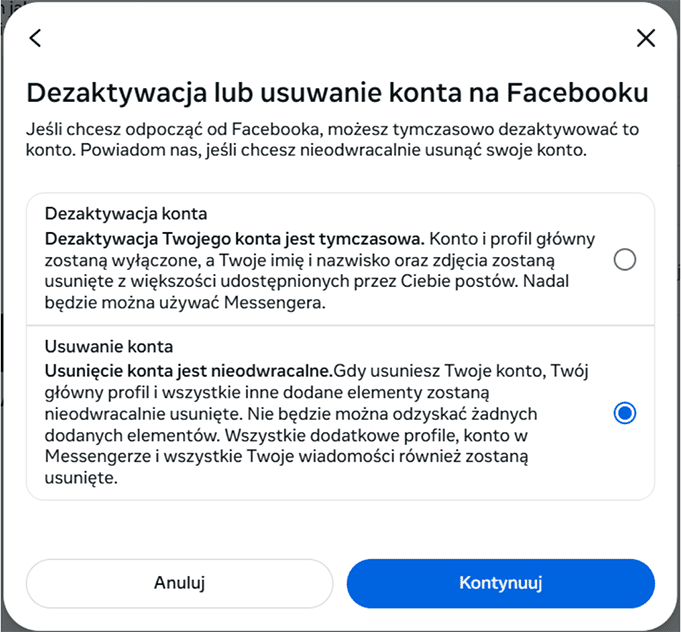 Deactivating or deleting your Facebook account selection screen.