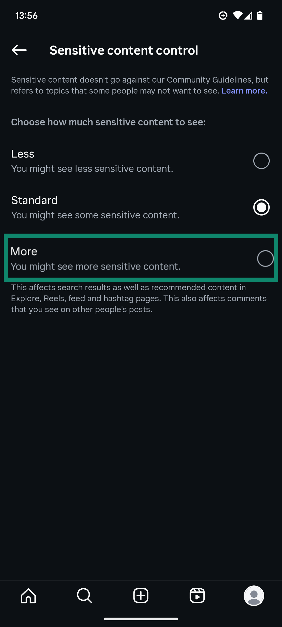 The Sensitive content menu of the Instagram app, showing options to view standard amounts of sensitive content or more content.