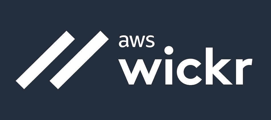 AWS Wickr logo. Two white diagonal bars next to the words ‘AWS Wickr’ in white lowercase letters on a dark navy blue background.