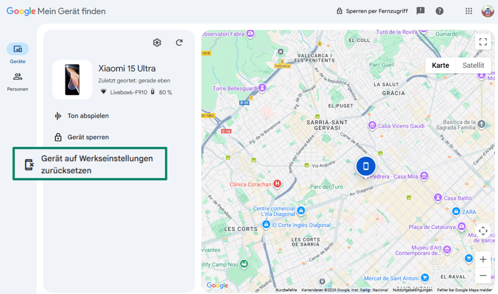 Google's Find My Device dashboard, highlighting the menu option to 'Factory reset device' for a lost Android phone.