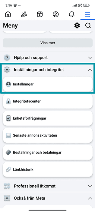 Facebook Android app Menu with Settings & privacy and Settings highlighted.
