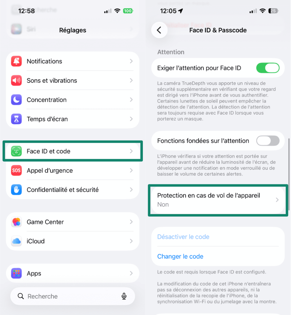 Two side-by-side screenshots of iPhone Settings. The left screenshot highlights 