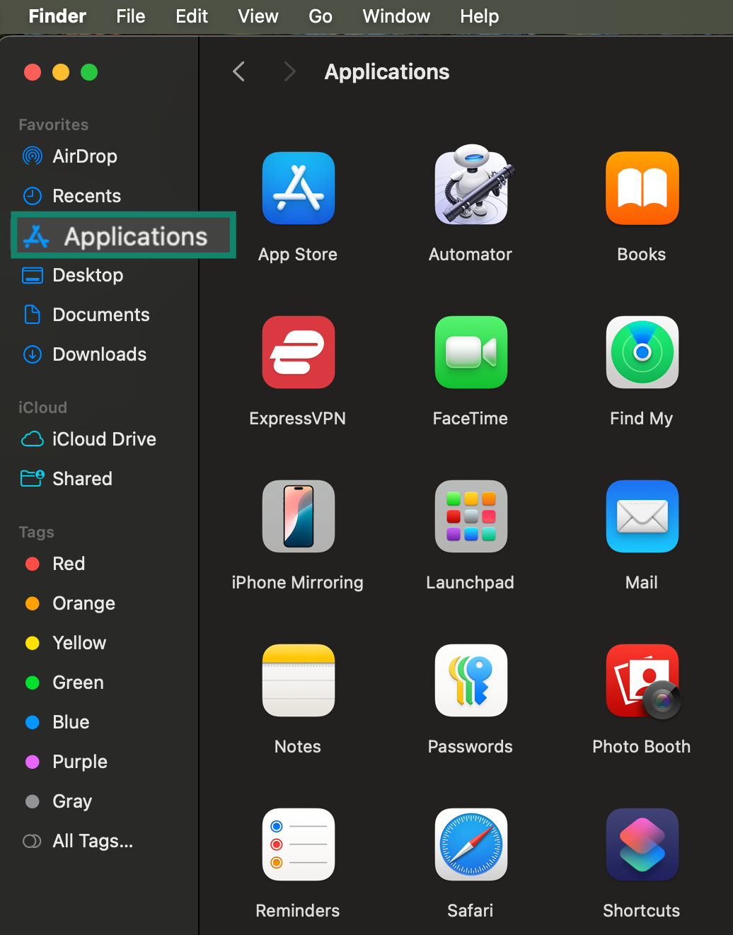 Screen showing macOS Applications in Finder.