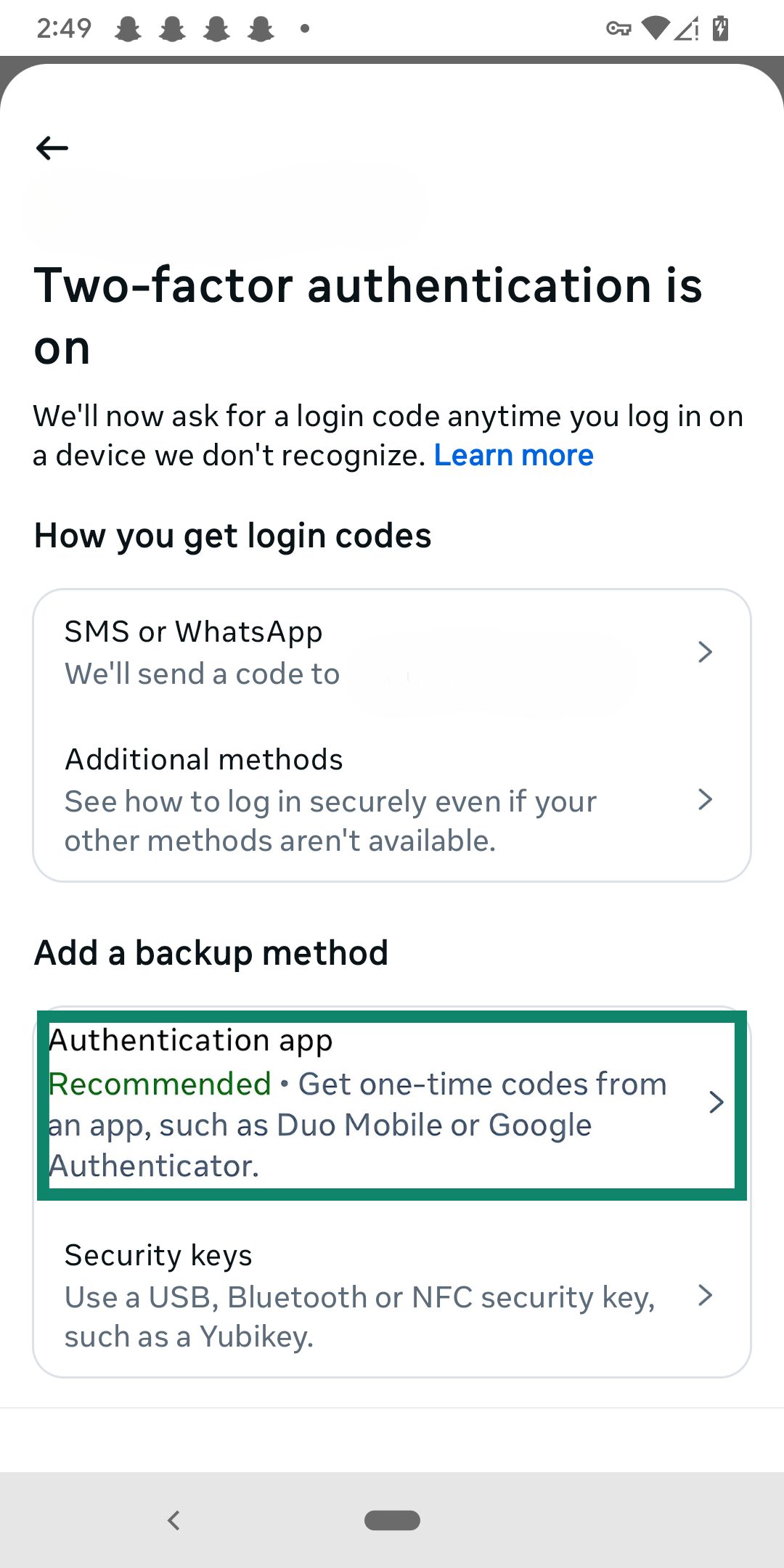 List of available 2FA options for a particular account.