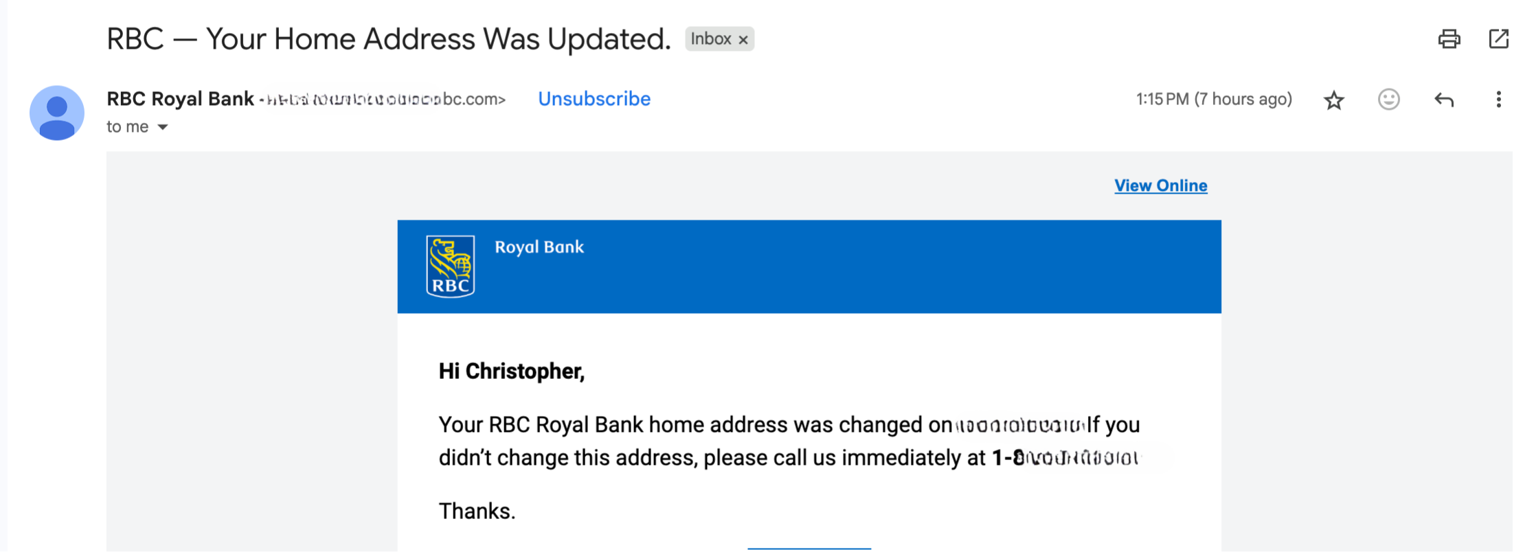 A bank email screenshot notifying the customer about a change made to their account.