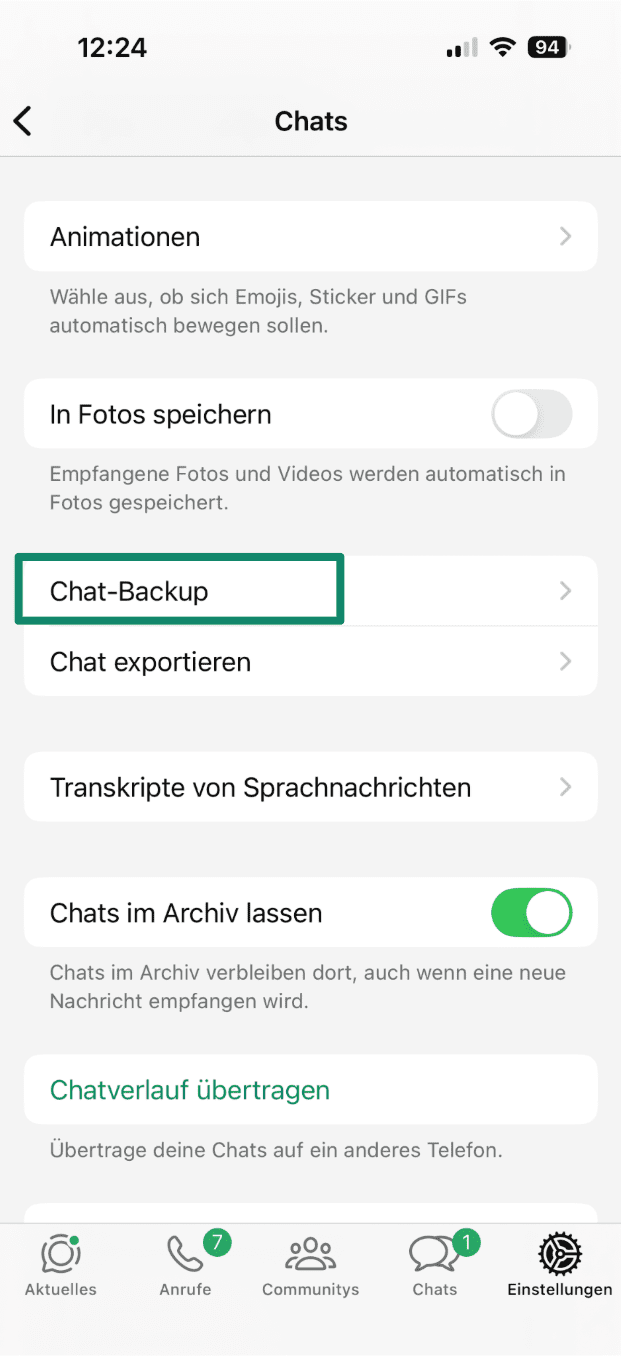 Chats settings screen on iPhone with Chat backup option highlighted