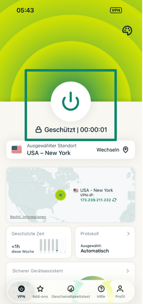 ExpressVPN app home screen connected to a server.