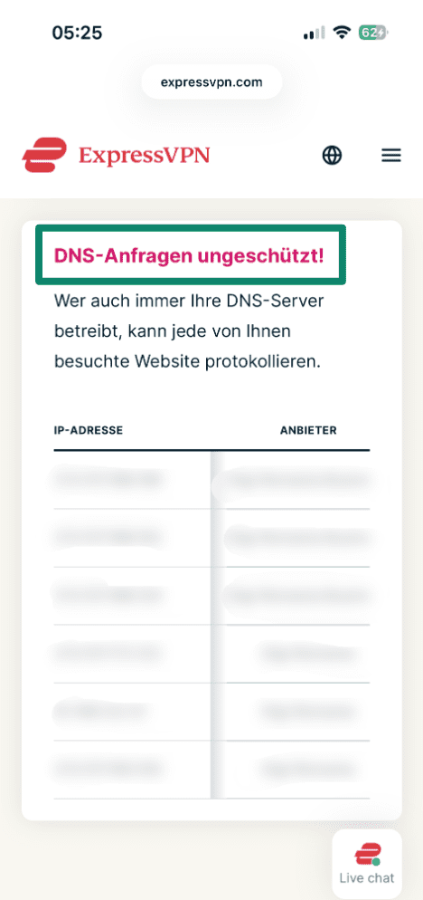 Failed ExpressVPN DNS leak test.