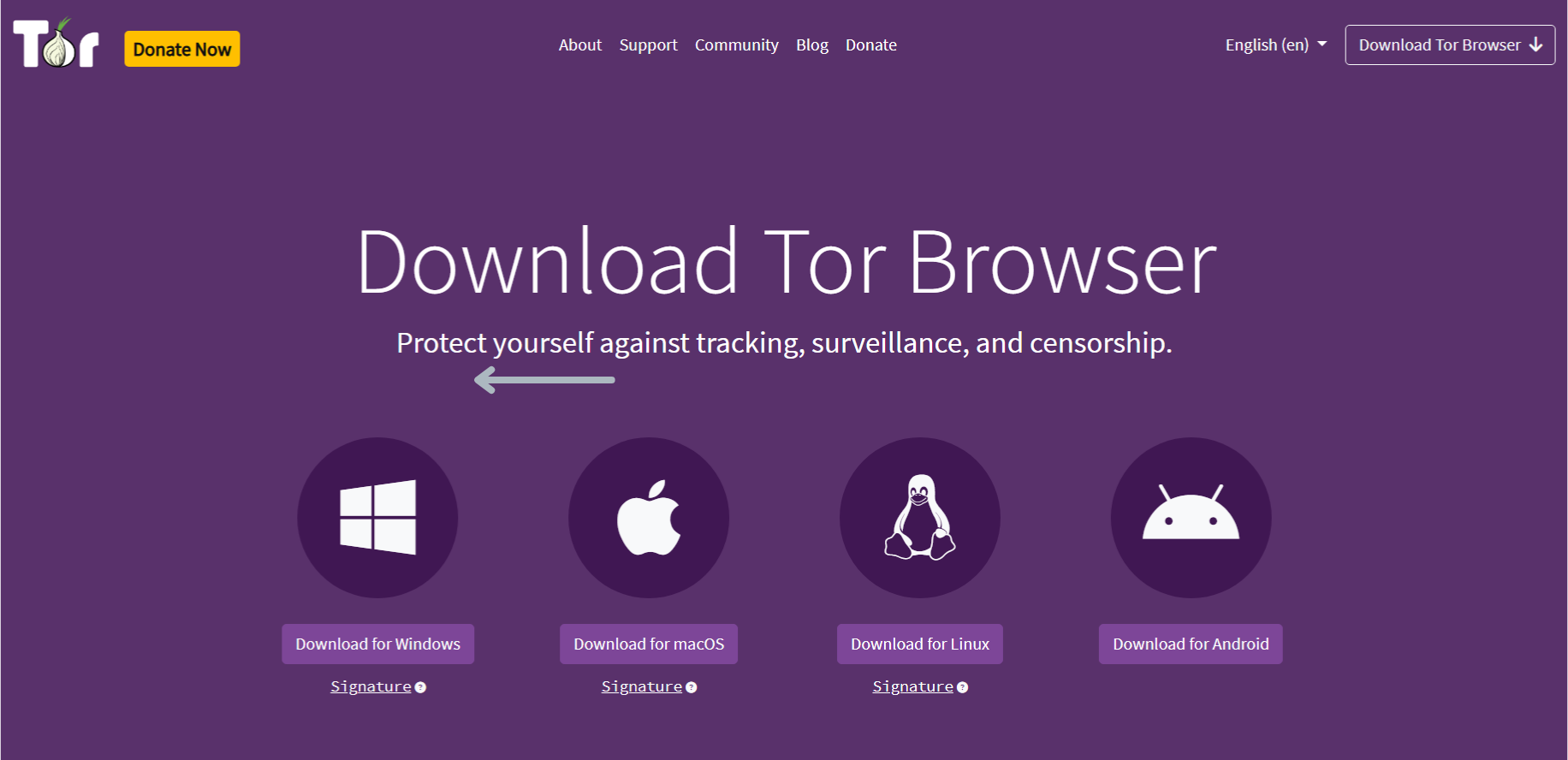 The Download Tor Browser page of the Tor Project website, showing download links for various platforms.