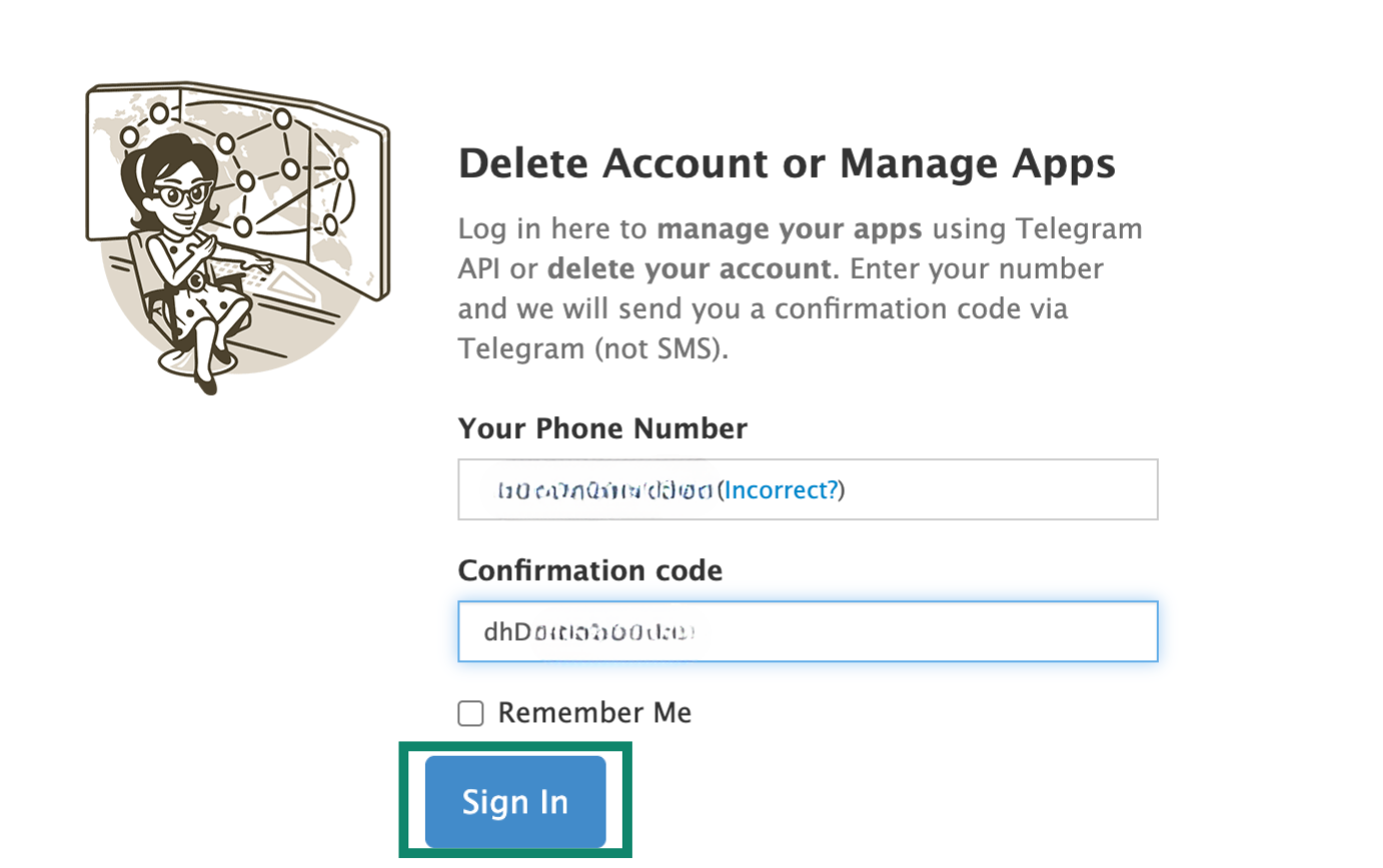 Confirm that you have access to the Telegram account by entering the code in the required box.
