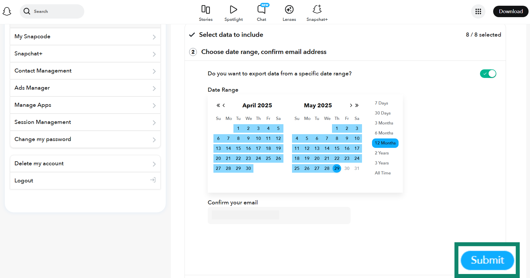 The second Snapchat data save screen, showing the option to select the date range of the downloaded data.