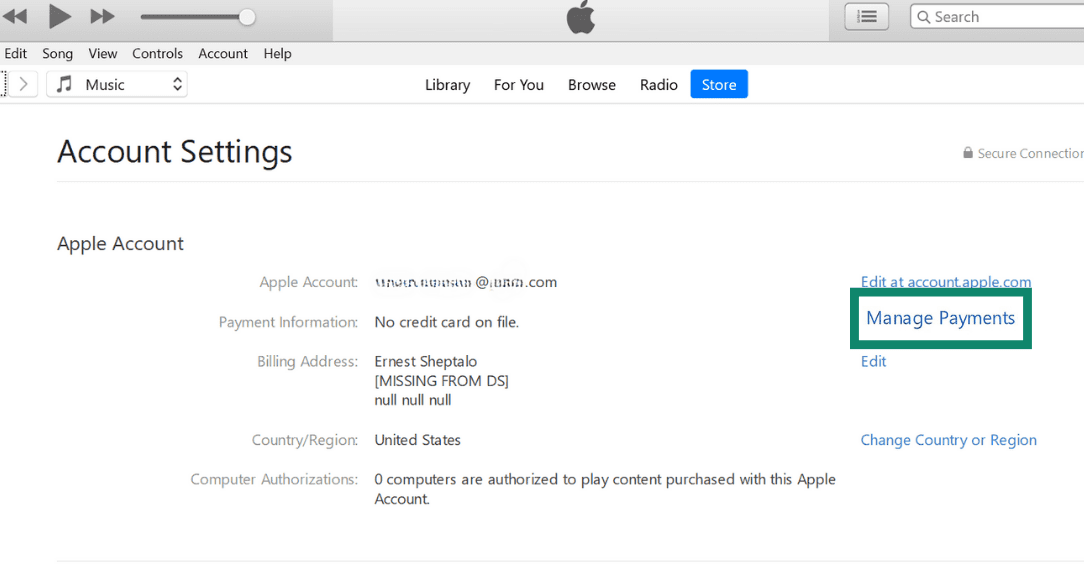 iTunes interface with the "Manage Payments" option highlighted.