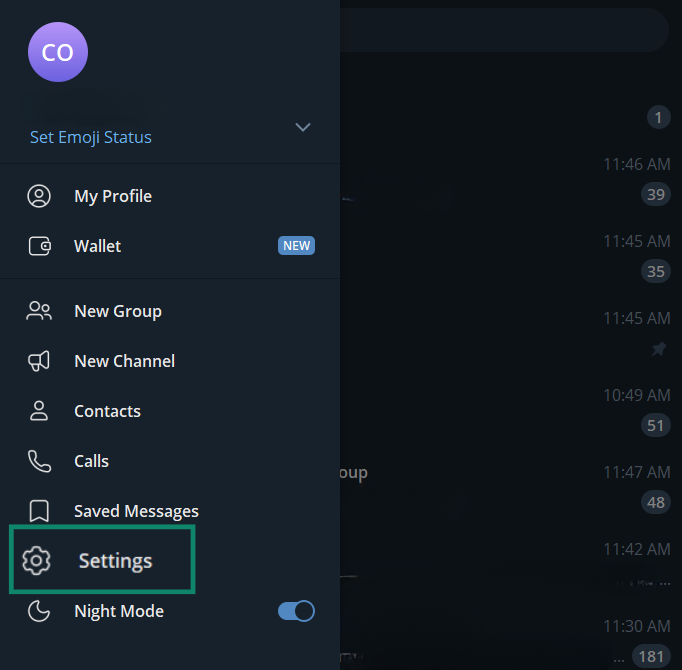 The Telegram app settings on desktop.