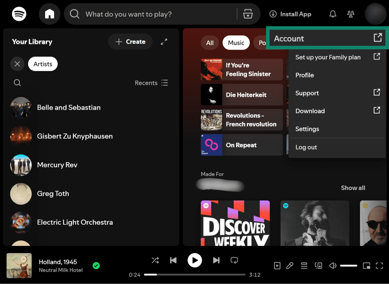 An image of the browser version of Spotify with the link to the user's account page highlighted.