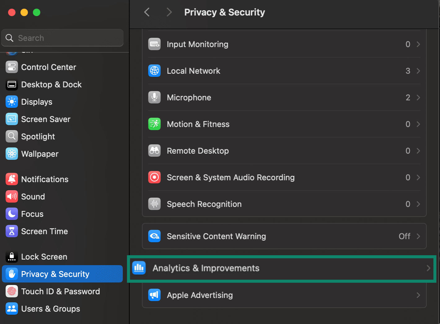 Mac System Settings Privacy & Security tab with Analytics & Improvements highlighted.
