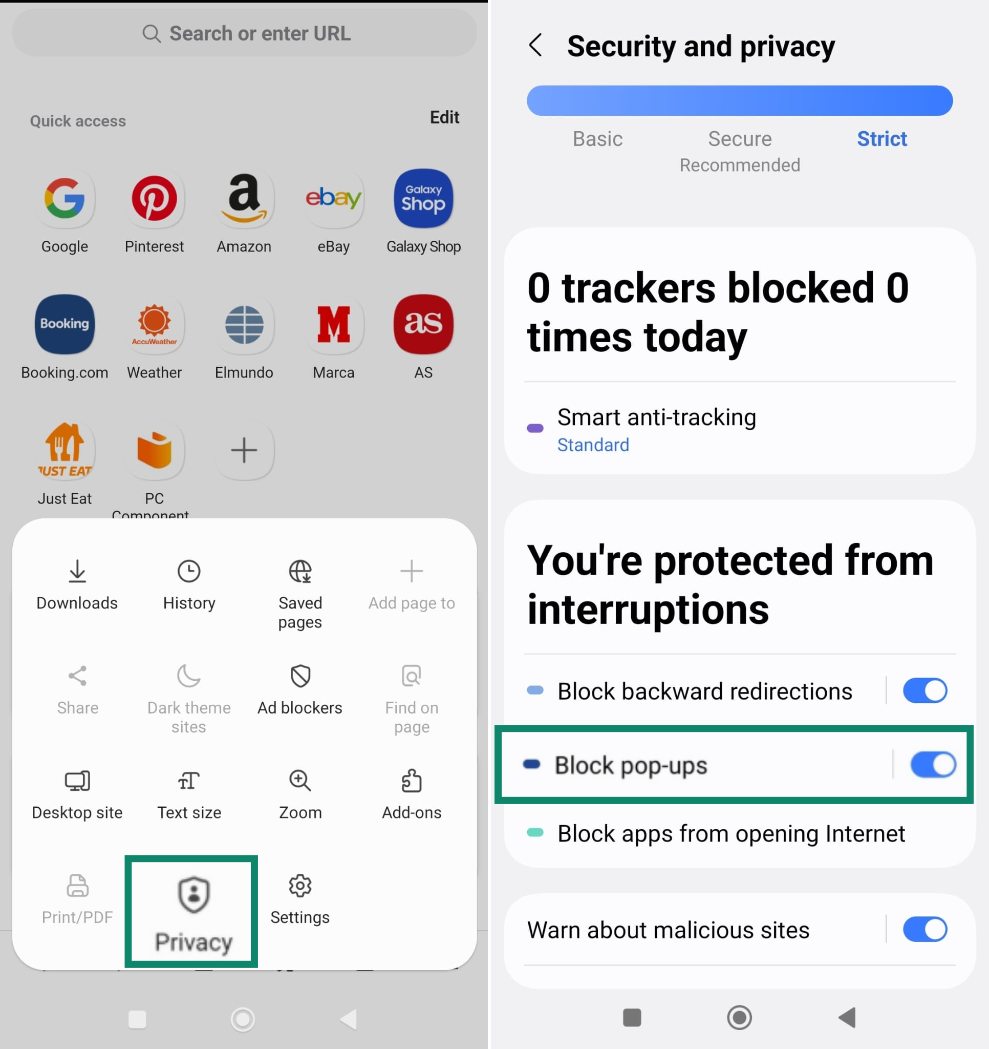 Samsung Internet privacy settings showing "Block pop-ups" enabled.