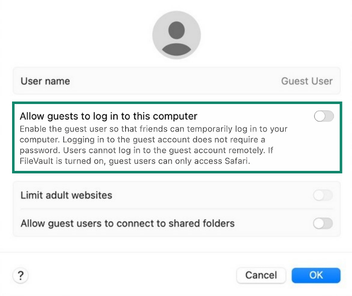 Guest User settings with the Allow guests to log into this computer setting highlighted.