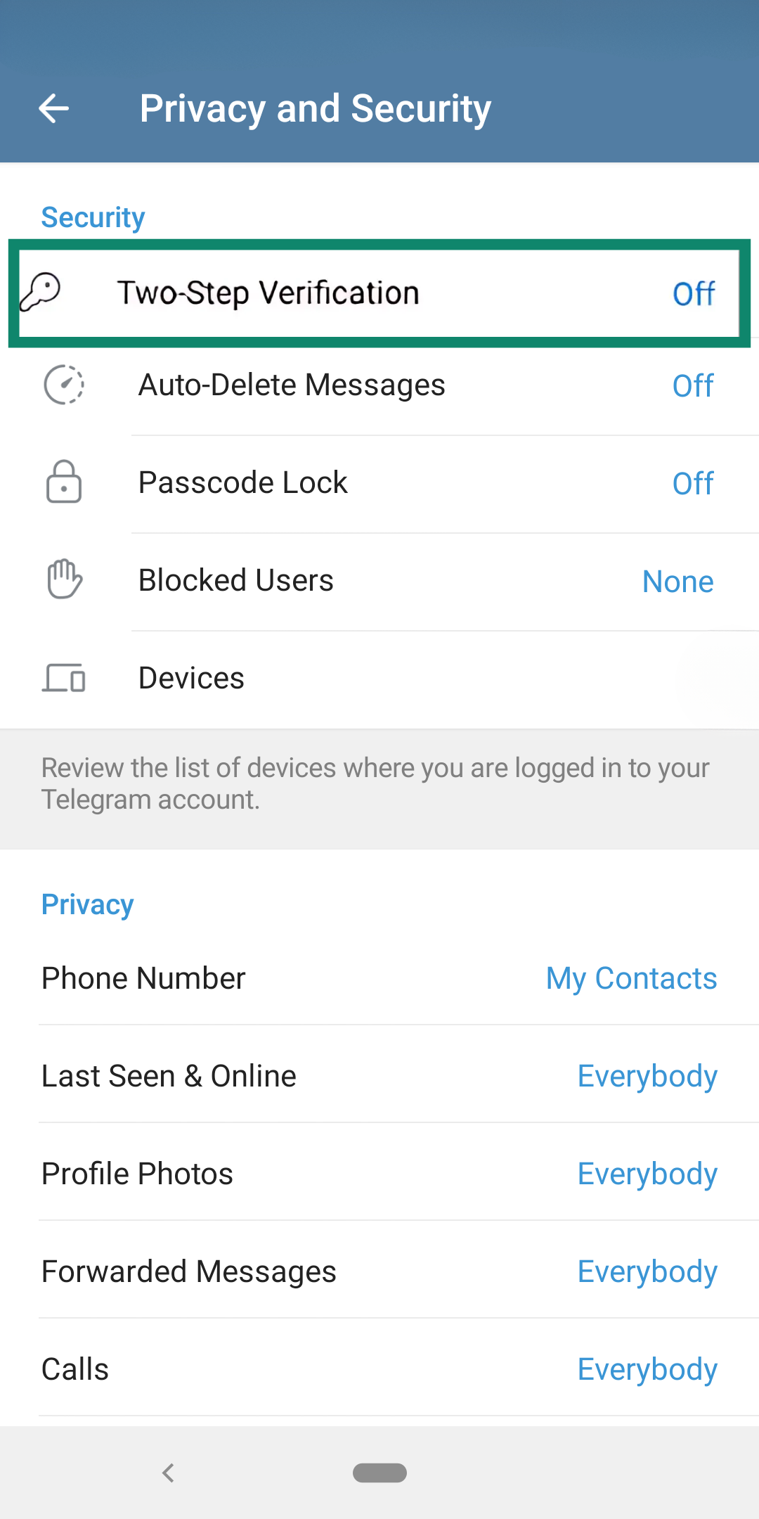 Phone screen showing Telegram two-step verification setting.