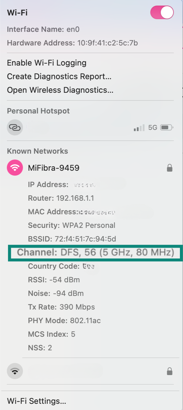 Wi-Fi settings on Mac showing connection on 5 GHz band