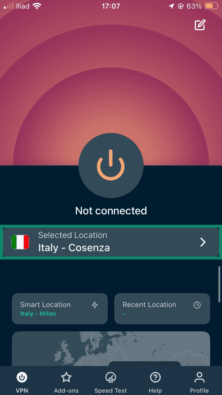 ExpressVPN app's main menu.