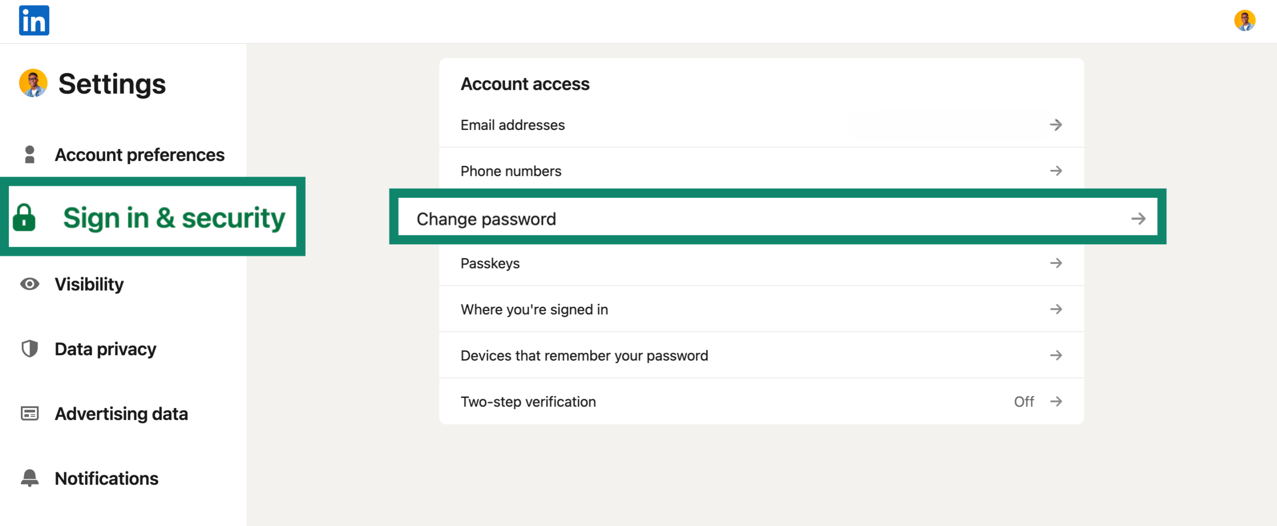 Screenshot of the LinkedIn Settings page with the 'Sign in & security' tab selected and the 'Change password' option highlighted.